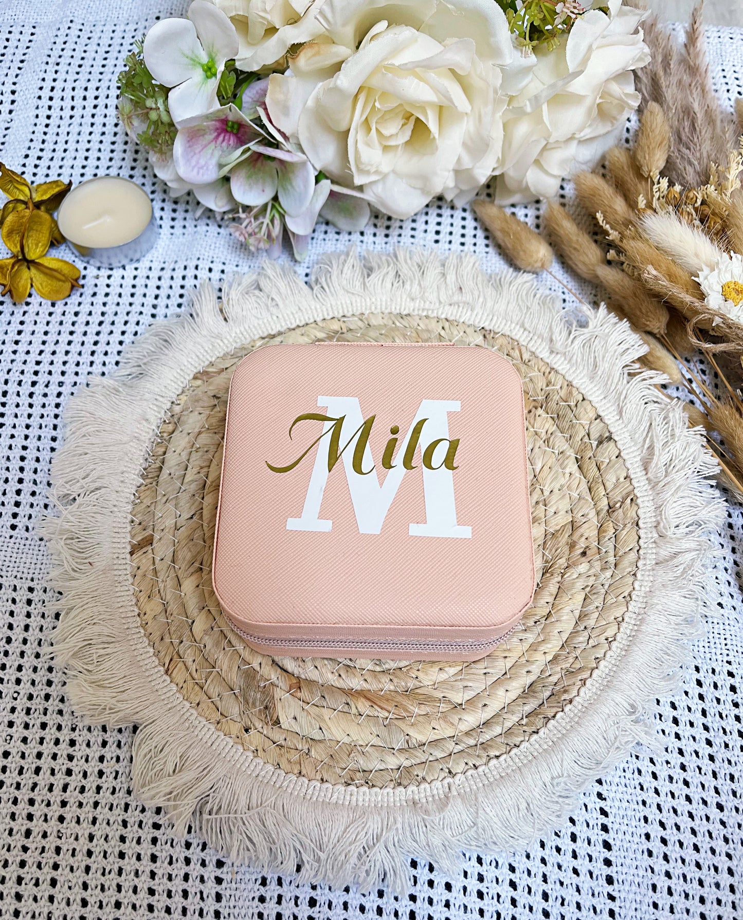 Boîte à bijoux rose personnalisée coffret