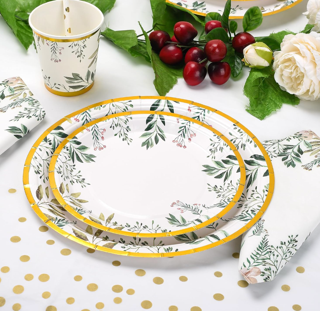 Kit de vaisselle de fête feuilles dorées