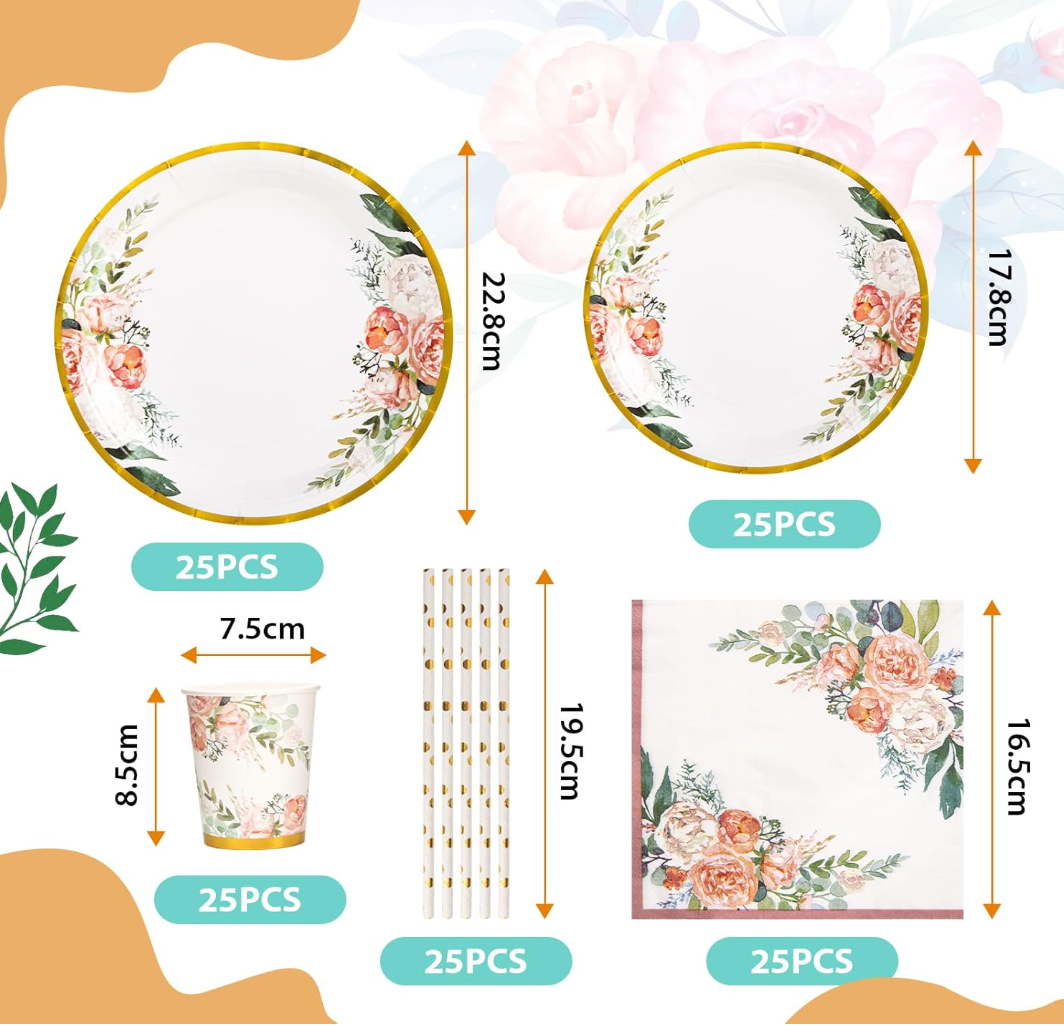 Kit de vaisselle fleuri 125 Pcs