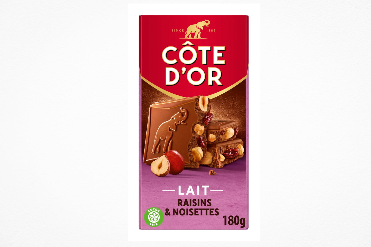 Côte d'or chocolat au lait aux raisins et noisettes entières