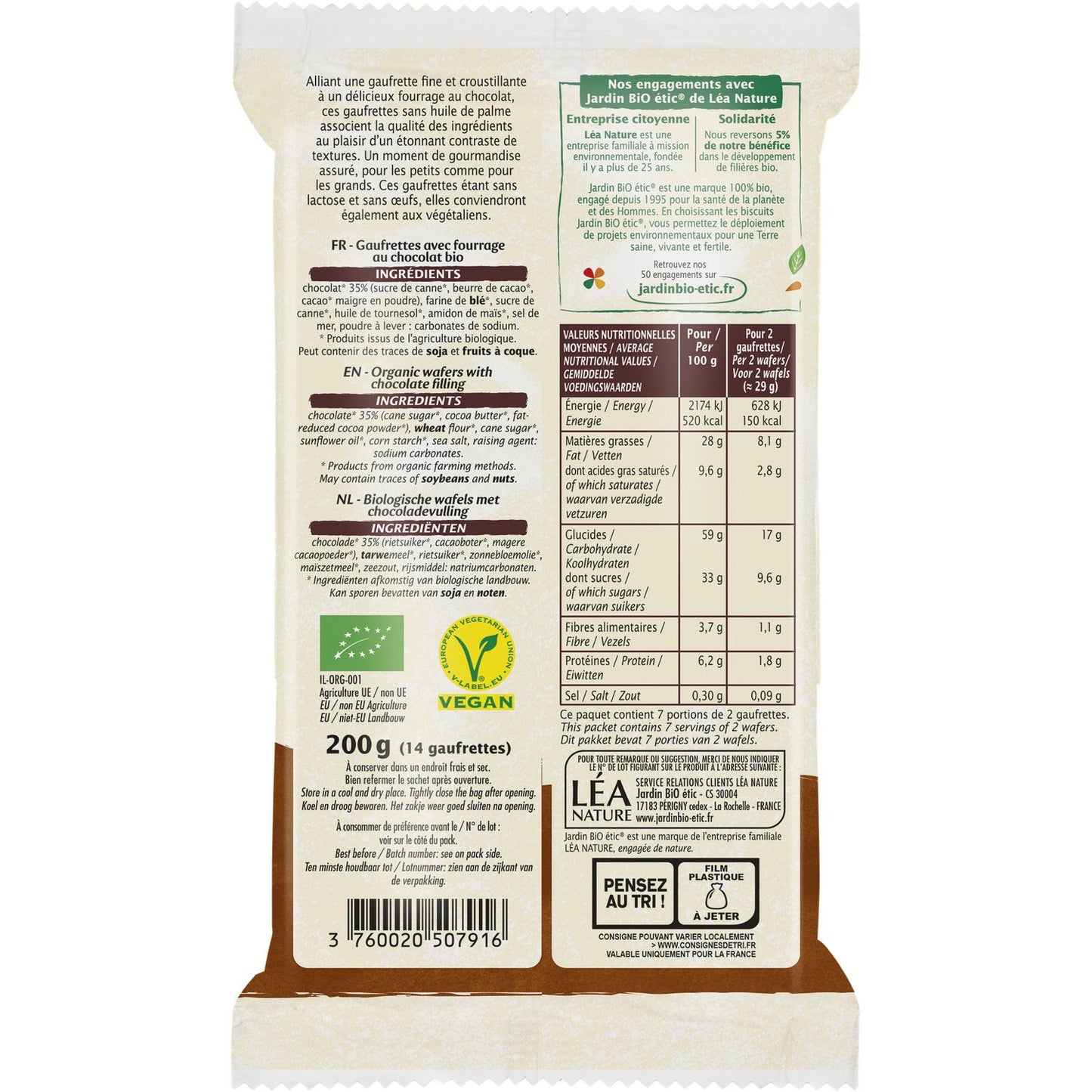Organic chocolate wafer biscuits JARDIN BIO ETIC