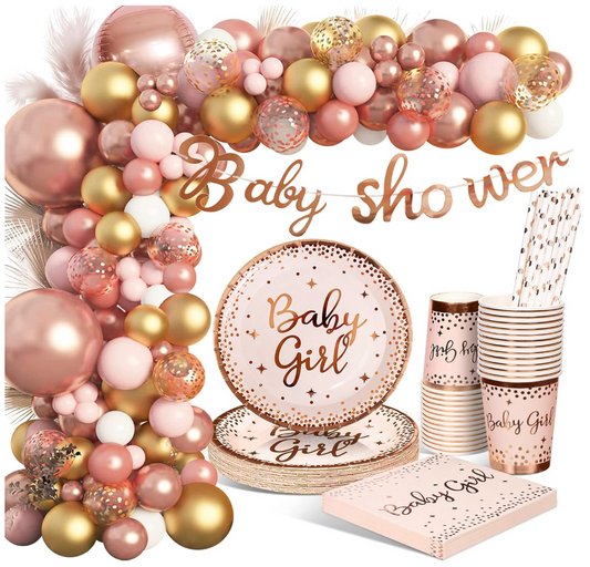 Kit de vaisselle baby shower rose dorée