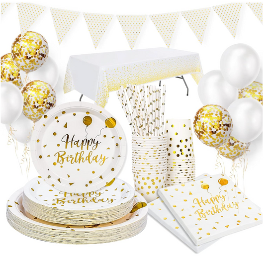 White and gold birthday decorations kit