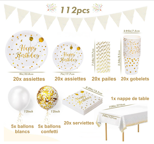 White and gold birthday decorations kit