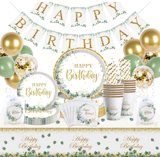 Birthday decoration kit leaves - white and gold 