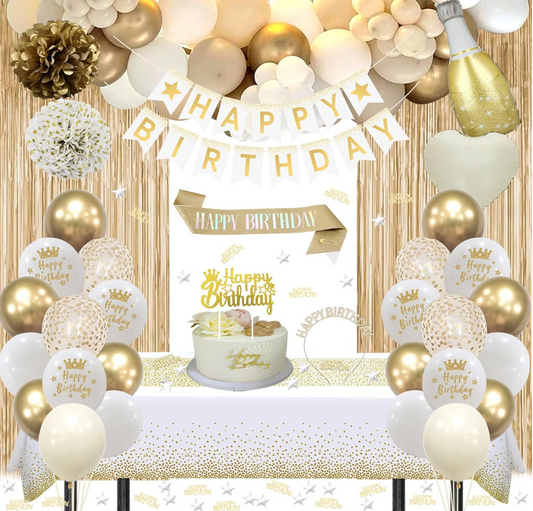 White and gold birthday decorations kit 