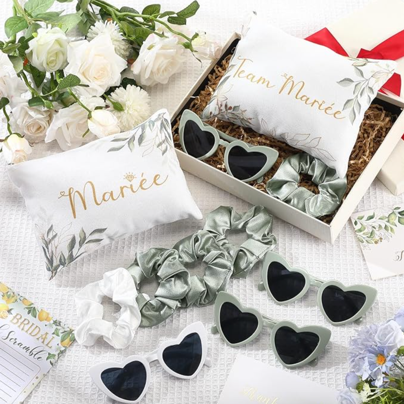 Bachelorette party accessories, glasses, scrunchies and pencil cases 
