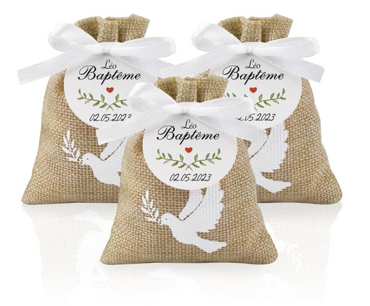 10x sachets en jute baptême