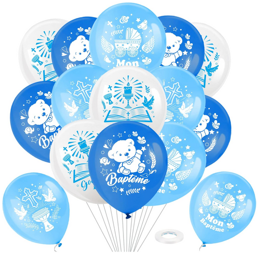 28x ballons baptême bleus