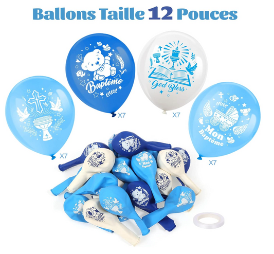 28x ballons baptême bleus