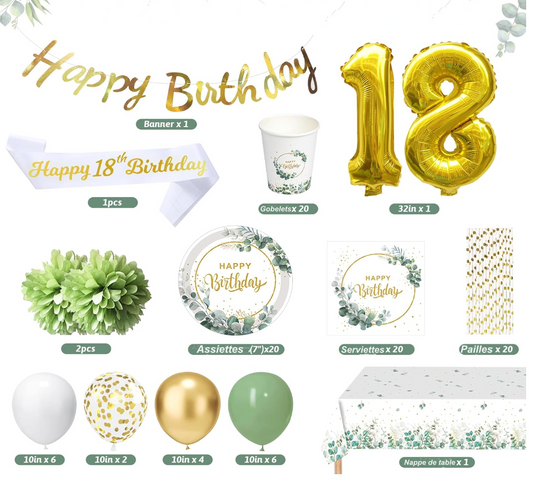 Birthday decoration kit leaves - white and gold